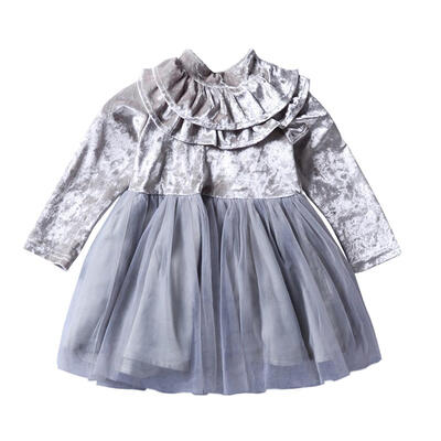 

Autumn Cute Stitching Mesh Girls Kids High Collar Party Princess Dresses