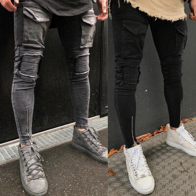 

Men&39s Stretchy Ripped Skinny Biker Jeans Destroyed Taped Slim Fit Denim Pants