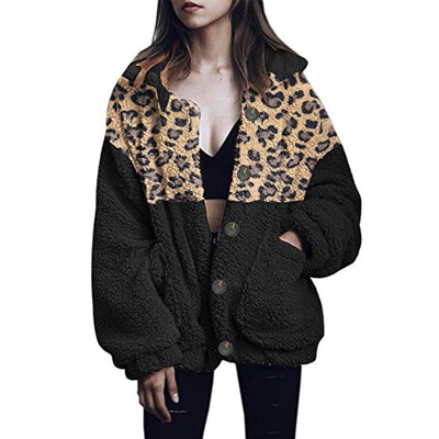 

Toponeto Women Winer Plus Size Jacket Warm Leopard Splice Outwear Plush Pocket Long Coat