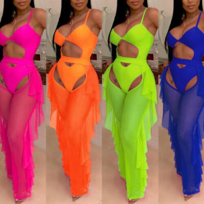 

US Sexy Women Beach Mesh Ruffles Sheer Wide Leg Pants Bikini Cover Up 4 Colors