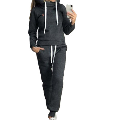 

Loose Drawstring Sport suits Long Sleeve Long Pants Solid Color Fleece Casual Suit