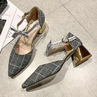 

Womens Shoes Spring Students Butterfly Knot Middle heel Rough heel One-word Button Single Shoe Tip High heel Shoe Tide