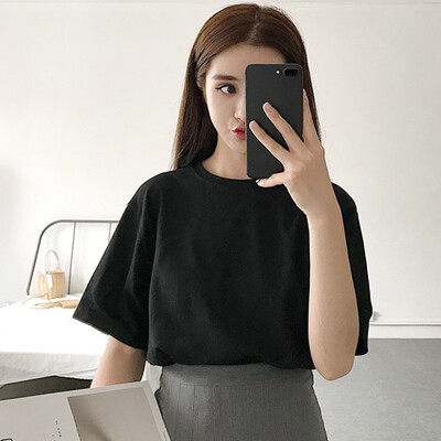 

Women Summer Solid V-Neck T-shirt Female Casual Short Sleeve Basic Tees Ladies Loose Tops Plus Size Feminina Tshirt