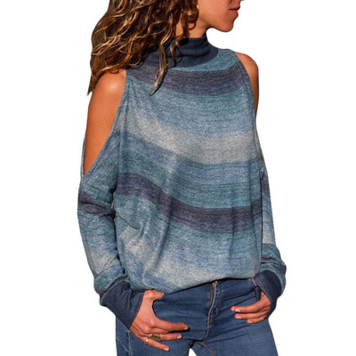 

Womens Cold Shoulder Striped Long Sleeve Tops Blouse Ladies Casual T Shirt Tee