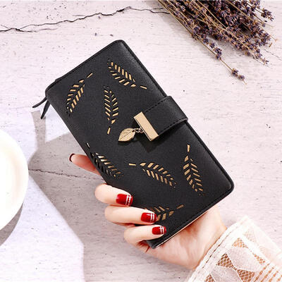 

PU Leather Wallet Hollow Leaf Zipper Wallets Card Holder Purse Long Clutch Handbag For Women