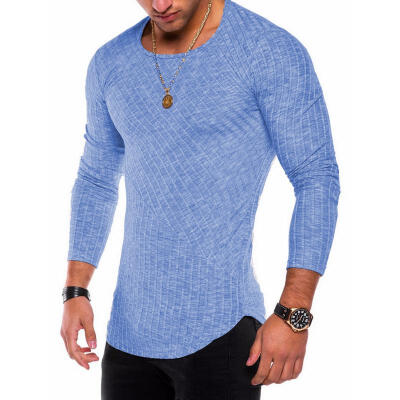 

2018 New Pit Strip Solid Color Stitching Arc Hem Bottoming Shirt Long Sleeve Round Neck Mens T-Shirt