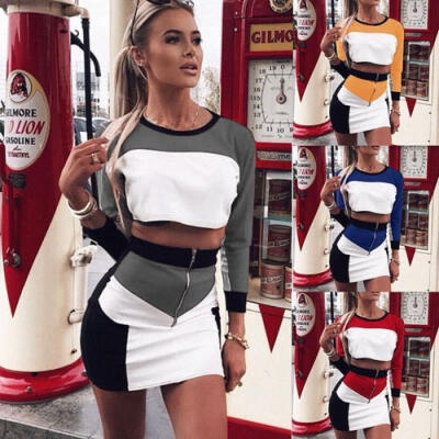 

Sexy Womens 2pcs Slim Bodycon Long Sleeve Crop Tops Skirt Dress Set Fashion