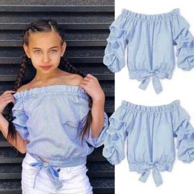 

USA Baby Girl Toddler Kids Off-shoulder Tops Tee Clothes Striped Blouse T-shirt