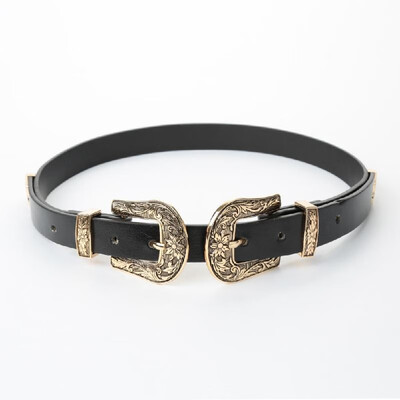 

New Fashion Women Leather Waist Belt Metal Vintage Slim Double Buckle Waistband Waist Strap