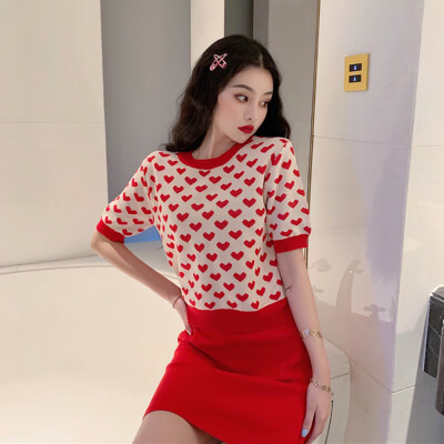 

Women Block Fashion T-Shirt Heart Pattern Loose Ice Silk Knitted Tops