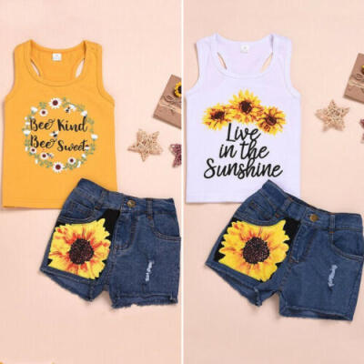 

Toddler Kids Baby Girl Clothes Sunflower Vest TopsDenim Shorts Pants Outfit Set