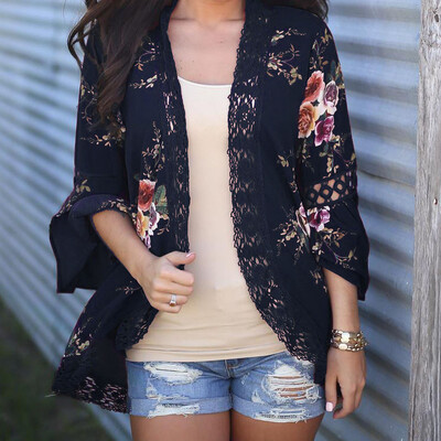 

Toponeto Women Lace Floral Open Cape Casual Coat Blouse kimono Jacket Cardigan NYL