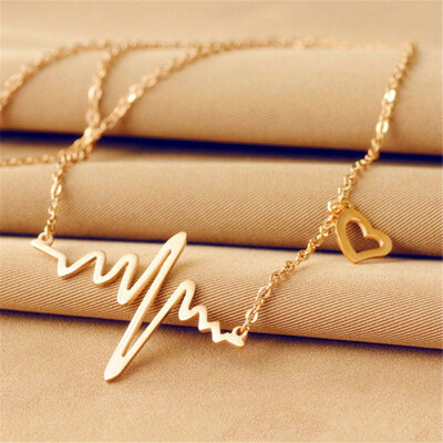 

Simple Fashion Wave Heart Jewelry Romantic Ecg Necklace Heartbeat Clavicle Chain Love Heart Pendant Necklace for Women Bijoux