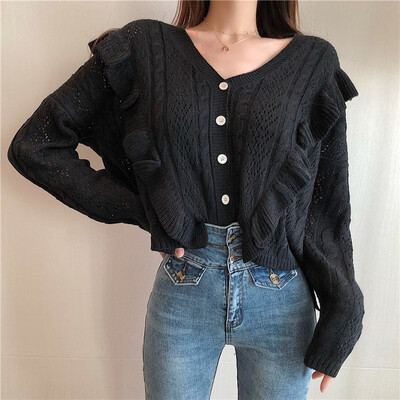 

Fine openwork long-sleeved V-neck cardigan with vintage wooden earmuffs