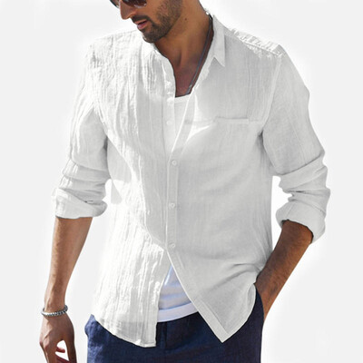 

Toponeto Mens Baggy Cotton Linen Solid Long Sleeve Button Retro T Shirts Tops Blouse