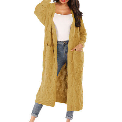 

2019 Women Autumn And Winter Elegant Fashion Design Large Size Loose Solid Color Pocket Knit Thick Sweater Cardigan Apricot