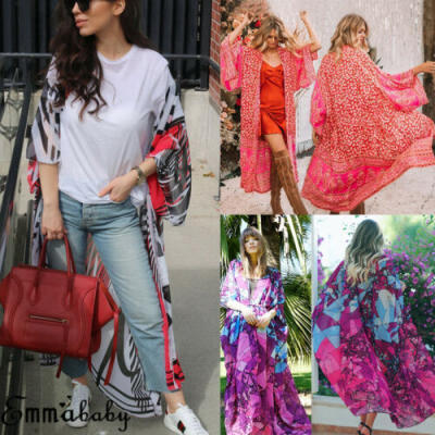 

Women Floral Chiffon Boho Kimono Long Cardigan Beach Cover Up Jacket Coat Blouse