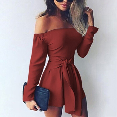 

Starmoon Fashion Sexy Women Solid Bandage Off Shoulder Long Sleeve Easy Short Jumpsuit