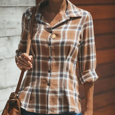 

Autumn Fashion Lapel Long-sleeved Plaid Shirt Womens Single-breasted Plaid Shirt