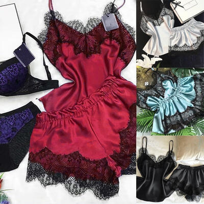 

Sexy Women Sleepwear Nightwear Robe Satin Silk Babydoll Lace BraShorts Lingerie