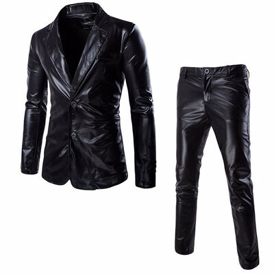 

SUNSIOM Mens Slim Fit Leather Blazer Suit Tuxedo Coat Pants Trousers Formal Wedding Groom