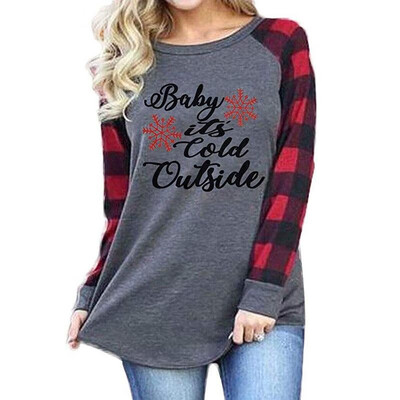 

Amazon explosion checkered womens shirt baby Christmas outside is very cold letter printed round neck long-sleeved t-shirt Red XX