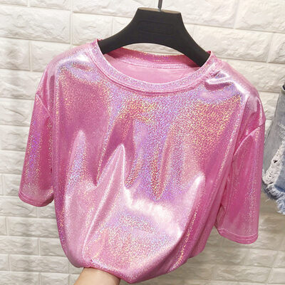 

Bright Silk Women Nightclub T-shirt O Neck Casual Short Sleeve Ladies T-Shirt Wear Summer Party Tops
