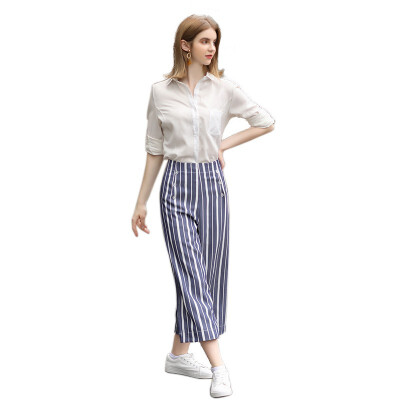 

KUN XUAN Womens Striped Loose Wide Leg Cropped Pants Button Decoration 7881