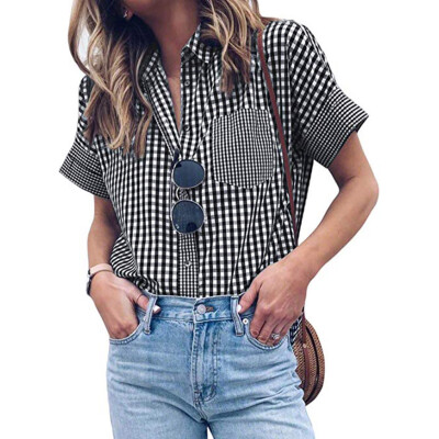 

Starmoon Women Button Plaid Shirt Summer T-Shirt Short Sleeve Casual Tops Blouse