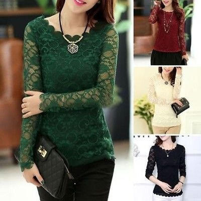 

Women Long Sleeve Crew Neck Chiffon Lace Shirt Tops Slim Floral Blouse T-Shirt