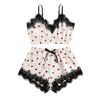 

Toponeto Women V-Neck Heart Print Lace Satin Camisole Pajamas Bowknot Shorts Lingerie Set