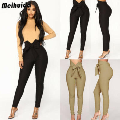 

UK Womens High Waist Paperbag Trousers Ladies Party Cigaratte Pants Size 6 - 14