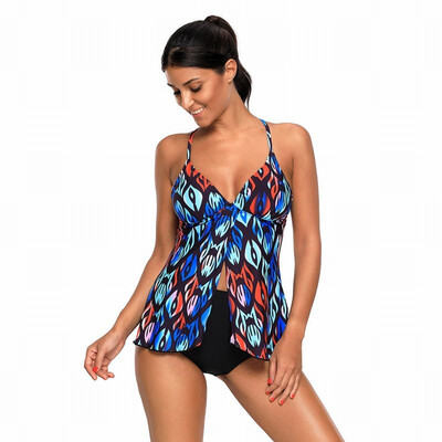 

Contrast sling retro print with chest pad Tankinis split swimsuit