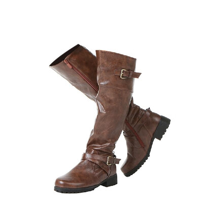 

Women Round Toe Mid Calf Boots Female Matte Leather Knight Boot Ms Buckle Square Low Heel Shoes Heeled Footwear