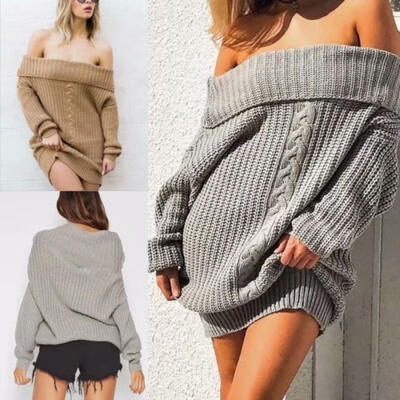 

Fashion Sexy Women Winter Off Shoulder Long Sleeve Loose Sweater Knitted Outwear Pullover Jumper