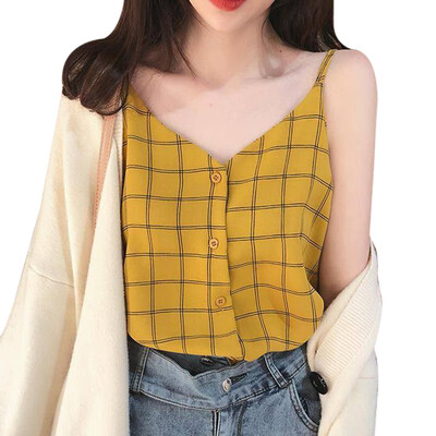 

2019 Women Summer V Neck Plaid Tops Women Sleeveless Button Beach Casual Tank Tops Vest Female Sexy Strap Chiffon Tops