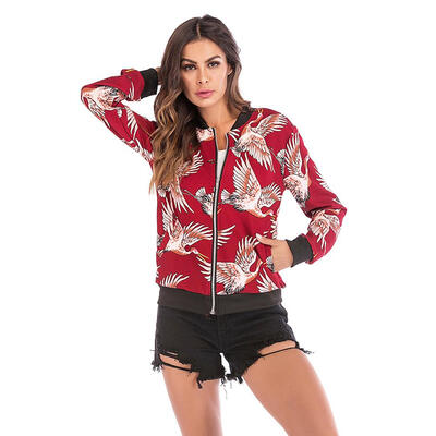 

Women Basic Jacket Flying Crane Printed Zip Casual Baseball Sweatshirt Coat