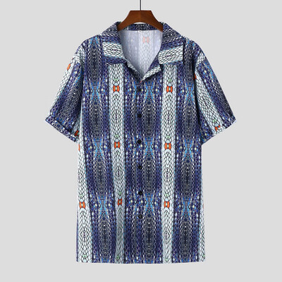 

Tailored Mens Ethnic Printed Stand Collar Colorful Stripe Short Sleeve Loose Shirt