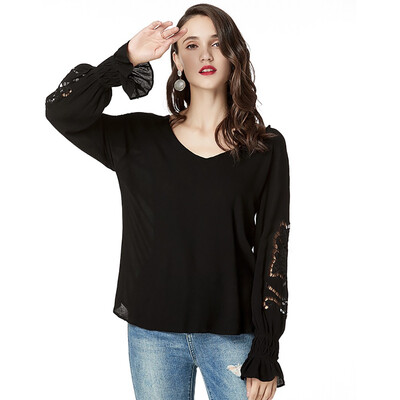 

Nomeni Women Loose Size T-shirt Solid Color V Collar Long Sleeve Shirt Bottom