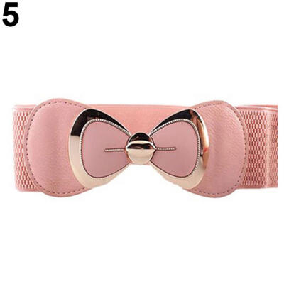 

Women Bowknot Buckle Metallic Faux Leather Waistband Elastic Croset Waist Belt