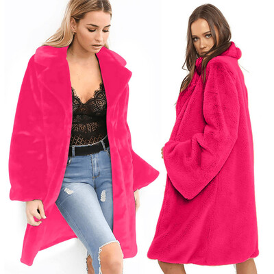 

Roseonmyhand Fashion Women Solid Medium Long Windbreaker Turn-Down Collar Warm Plush Coat