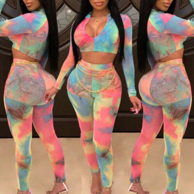 

US Women 2pcs Outfit Set Rompers Jumpsuit Long Sleeve Crop Tops Long Pants Set