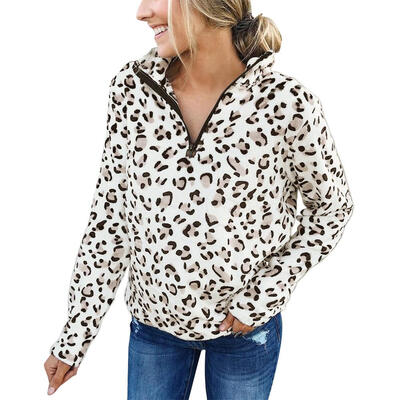 

Plush Warm Women Long Sleeve Leopard Print Stand Collar Winter Fashion Tops