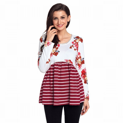 

Round neck long sleeve striped print stitching casual loose tops womens