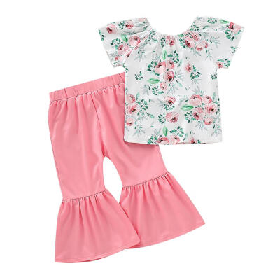 

Kids Girls Clothing Set Short Sleeve Flower Printed T Shirt Flares Pants