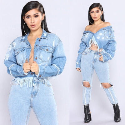 

Sexy Womens Oversized Blue Denim Jeans Jacket Ripped Holes Loose Outwear Jeans Coats