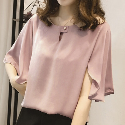 

Starmoon Women Work Office Short-sleeve Solid Color Casual Chiffon Plus Shirt Top