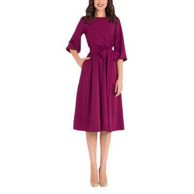 

Women Sexy One Word Collar Vintage Solid Color Skirt Puff Sleeved Pleat Waist Bow Tie Casual Dress