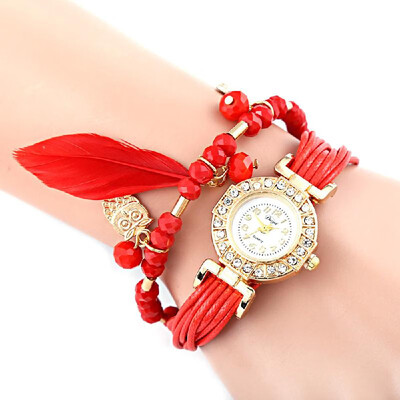

Fashion DIY Feather Pattern Women Dress Watches Weave Montre Femme Gold Leaf Owl Pendant Rhinestone Wristwatch Bracelet Jewelry Ro