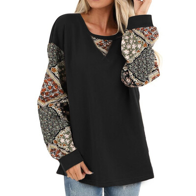 

Tailored Women Casual Boho Print Shirt Splice Long Sleeve Blouse Round Neck Loose Tops